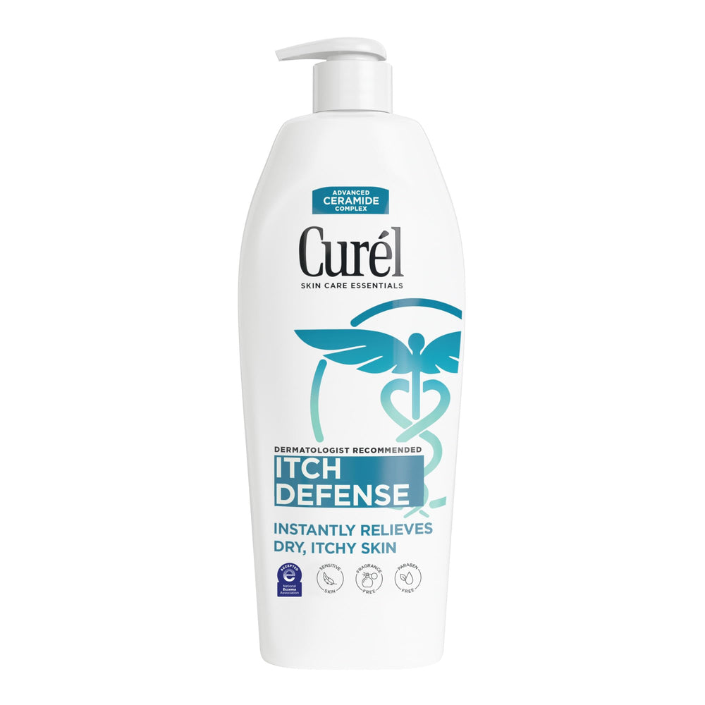 Curél Itch Defense Lotion bottle showing soothing relief and moisture barrier support for dry skin.
