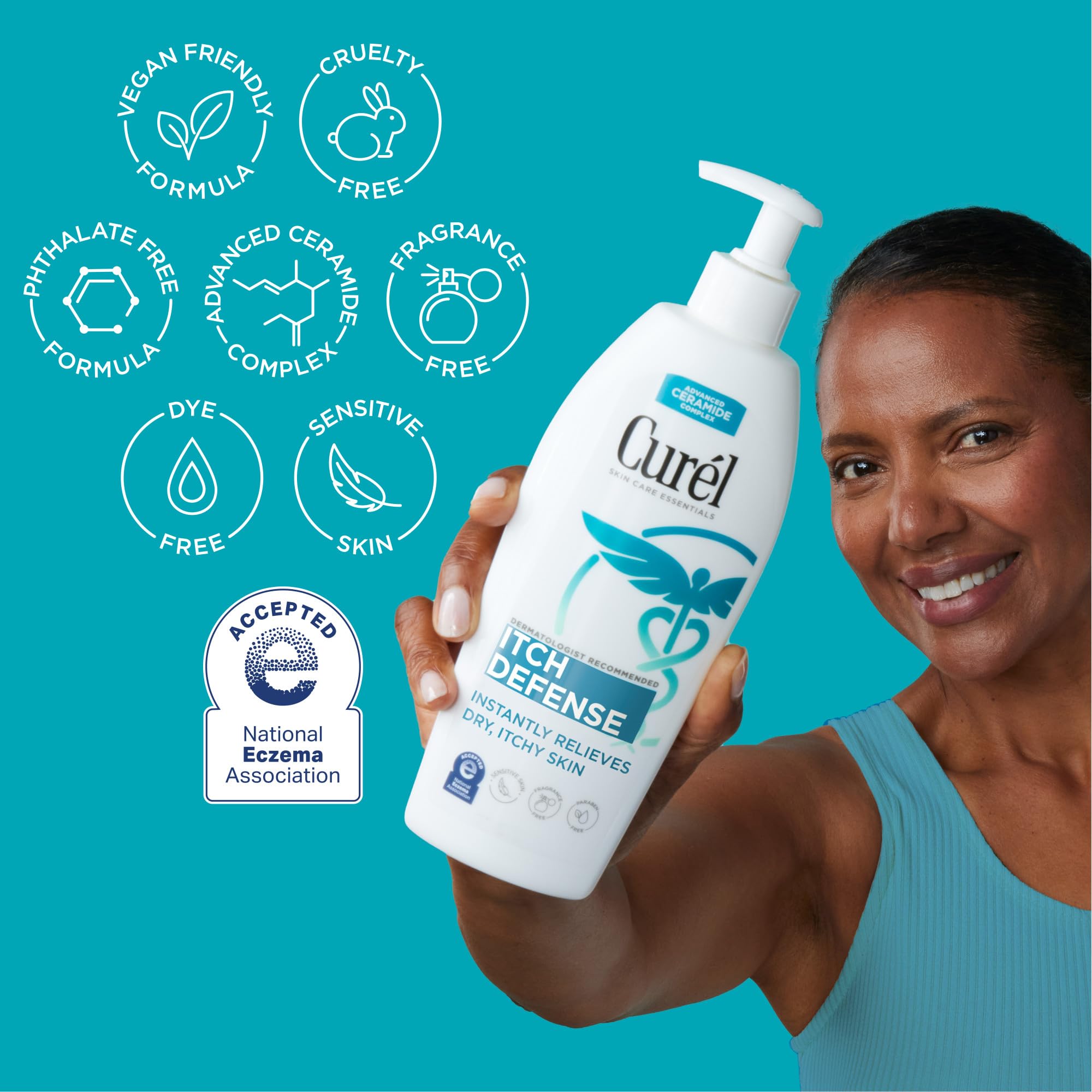 Curél Itch Defense texture-cream on skin with rich, non-greasy moisture relief for dry areas.