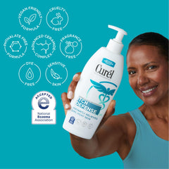 Curél Itch Defense texture-cream on skin with rich, non-greasy moisture relief for dry areas.