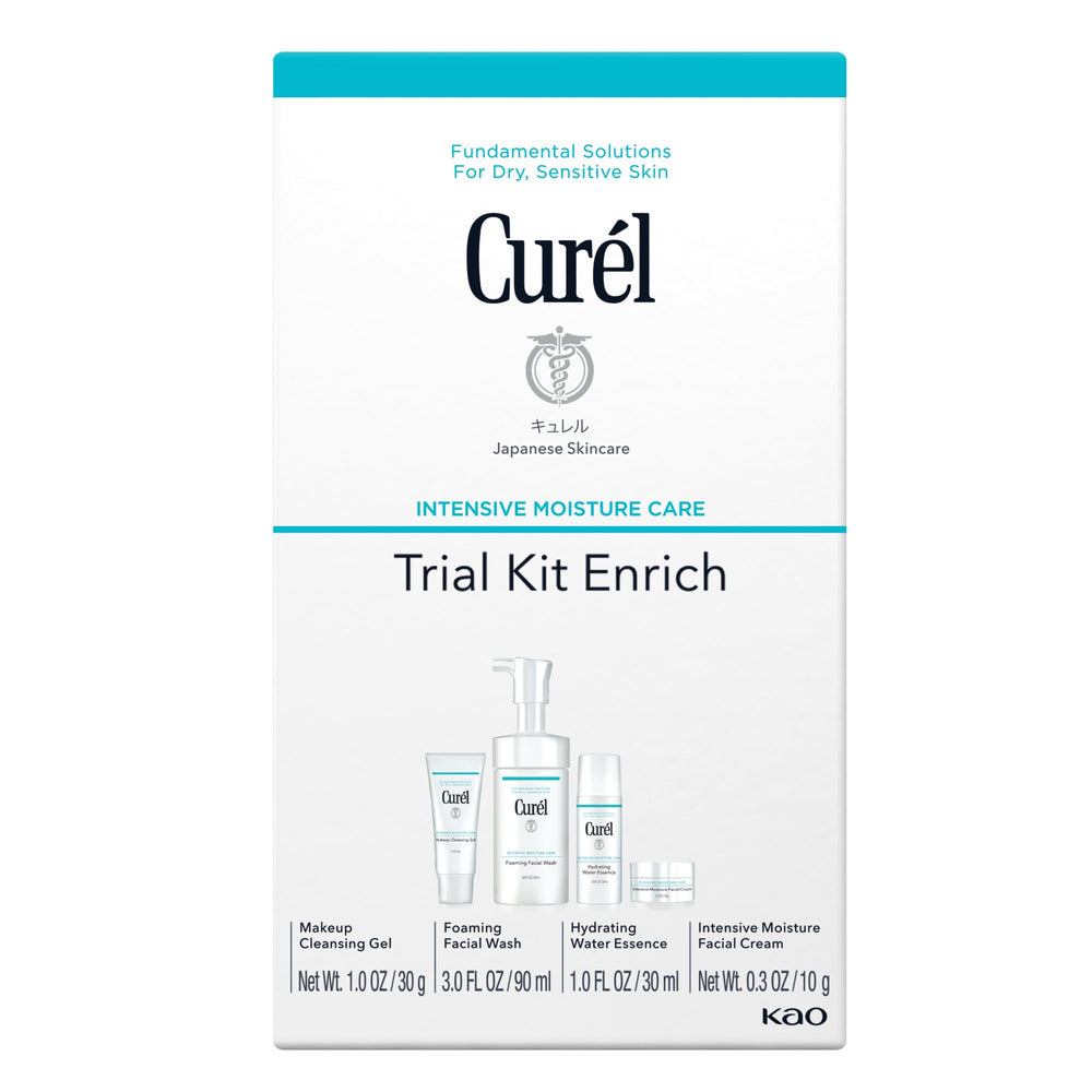 Curel trial kit packaging showing compact travel sizes for dry, sensitive skin.