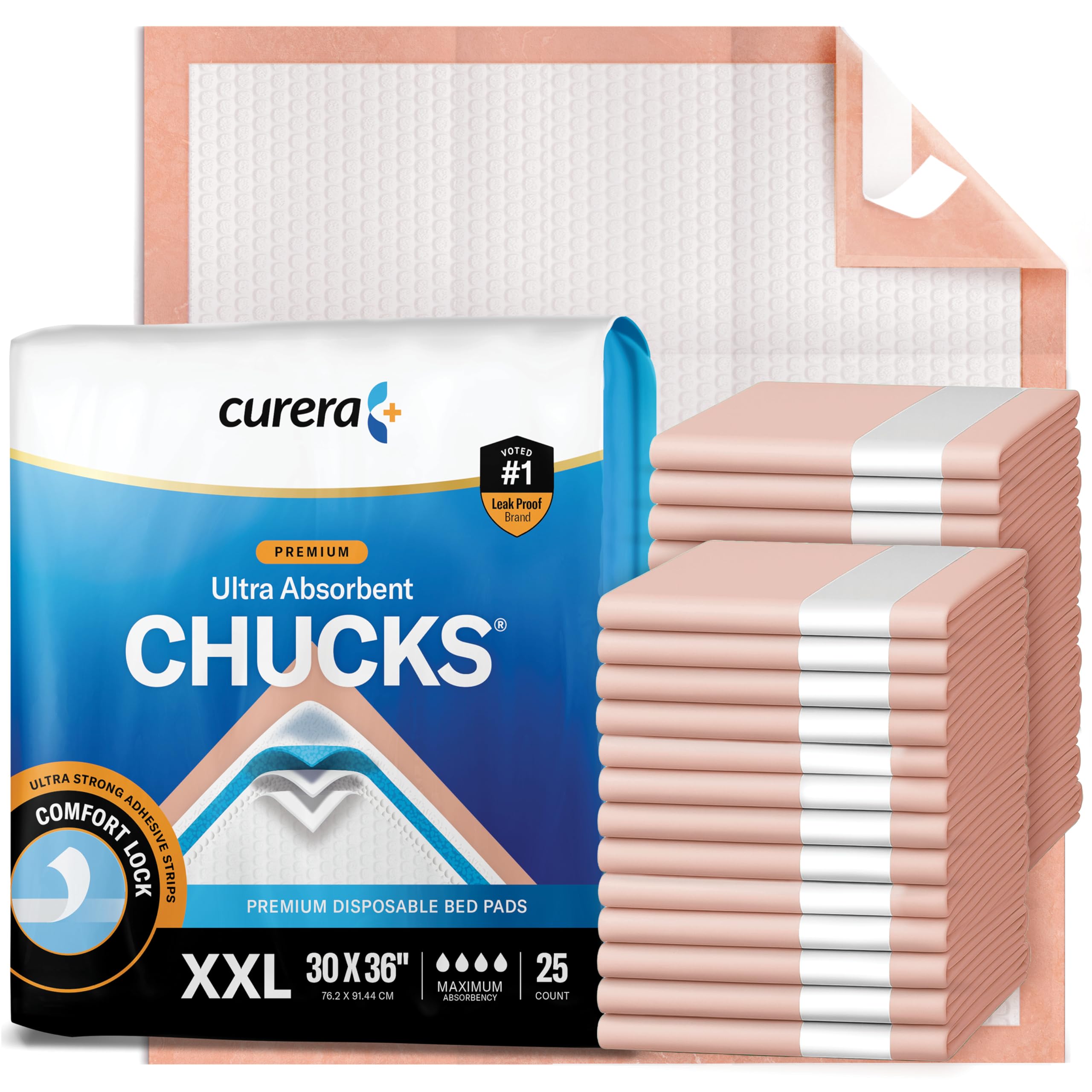 Curera Chucks 30x36 underpad with adhesive strips keeps bedding dry.