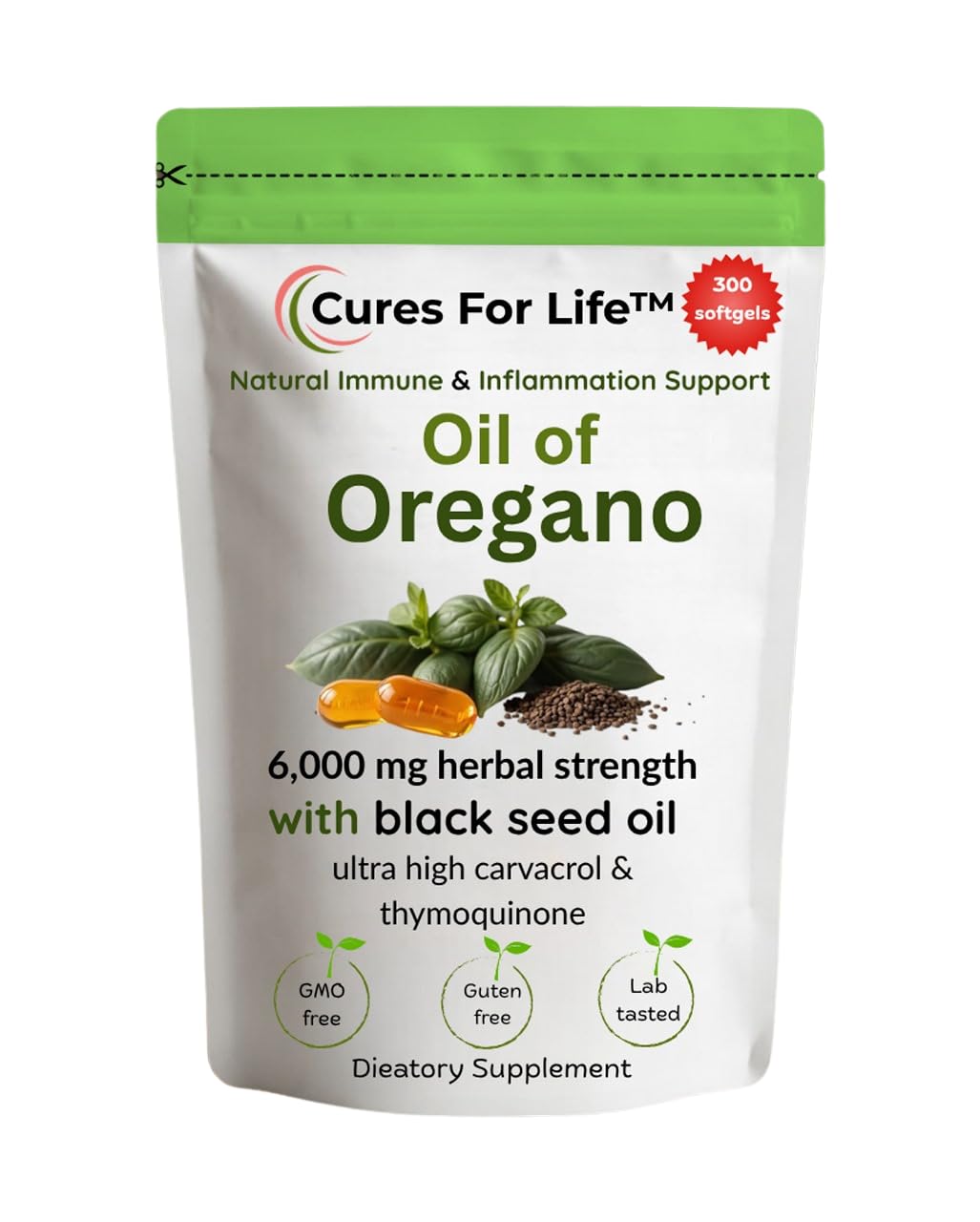 Cures For Life Oil of Oregano Softgels bottle featuring immune support branding