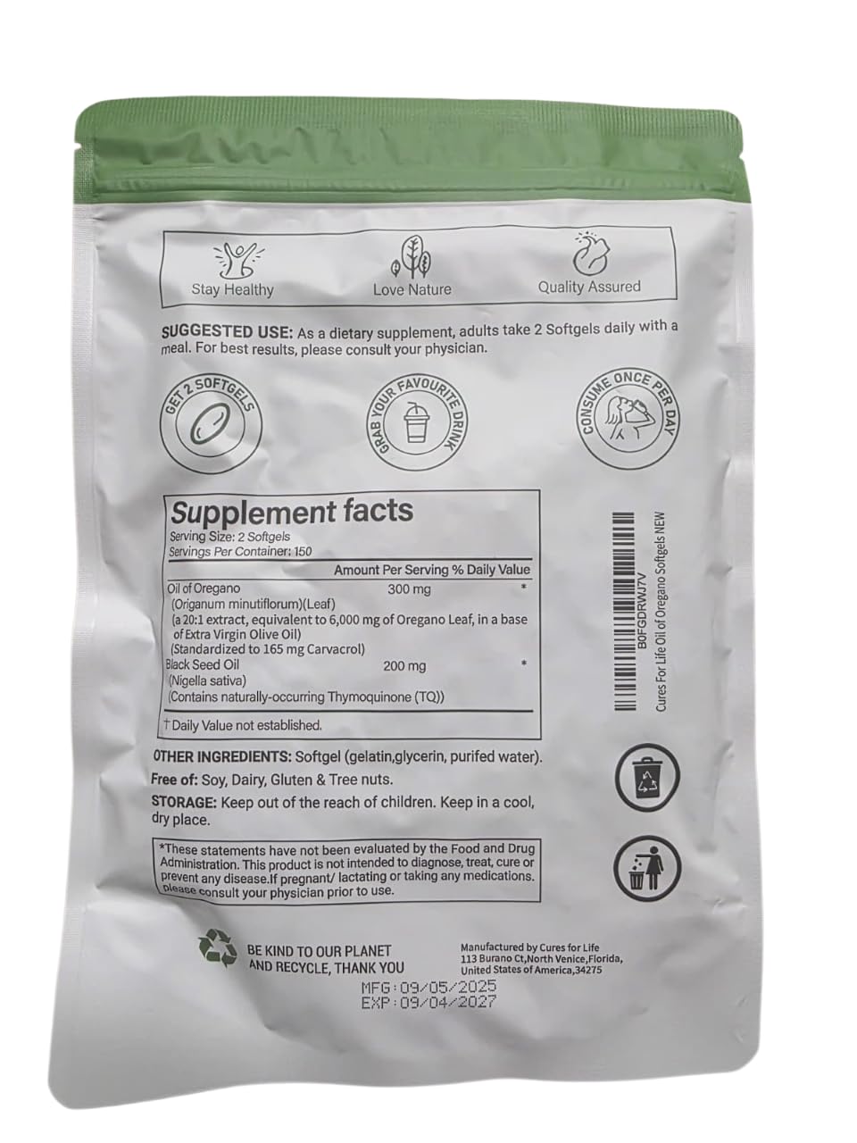Close-up of Cures For Life softgels capsules highlighting oregano oil content