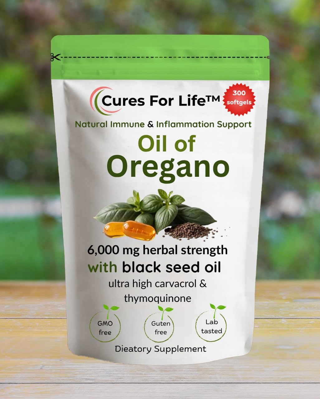Cures For Life oregano oil softgels packaging shown for daily wellness
