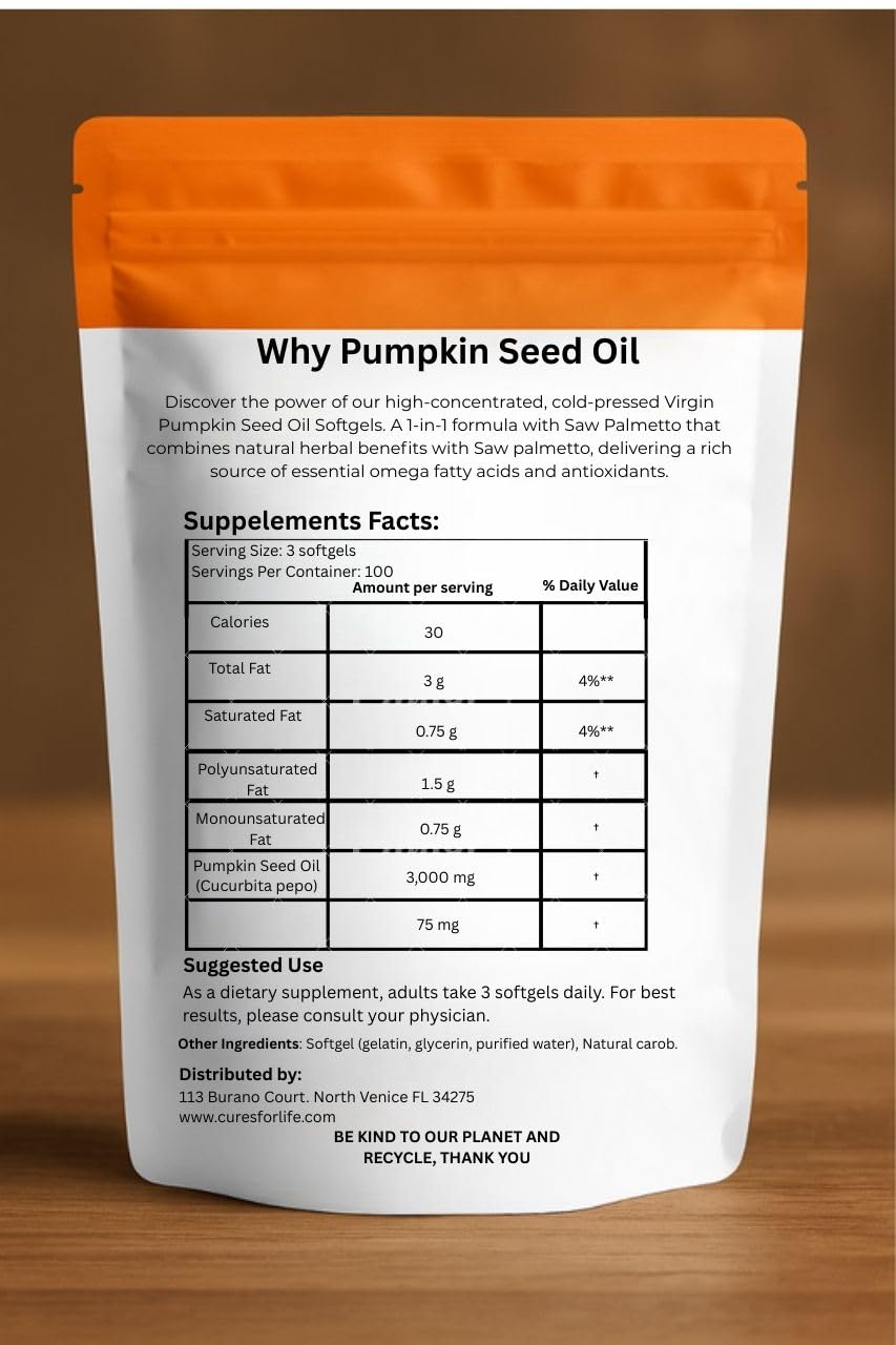 Cures For Life pumpkin seed oil label close-up showing pure cold-pressed oil