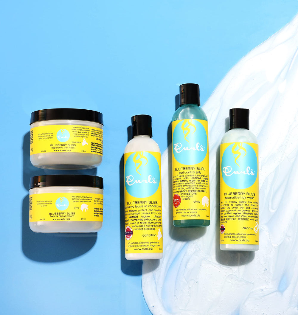 Curls Blueberry Bliss 12oz packaging highlights long-lasting conditioning.
