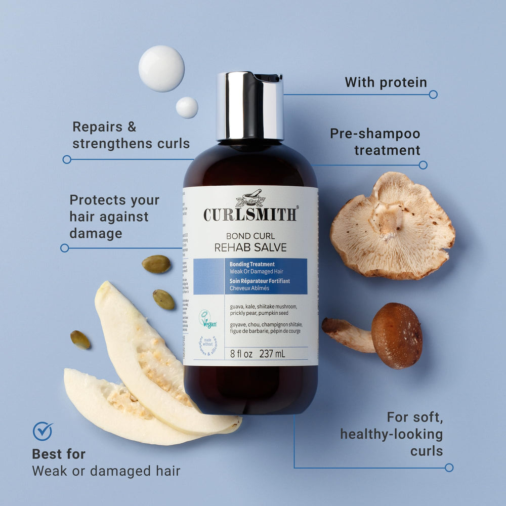 Close-up of Curlsmith Bond Curl Salve ingredients highlighting nourishing botanicals