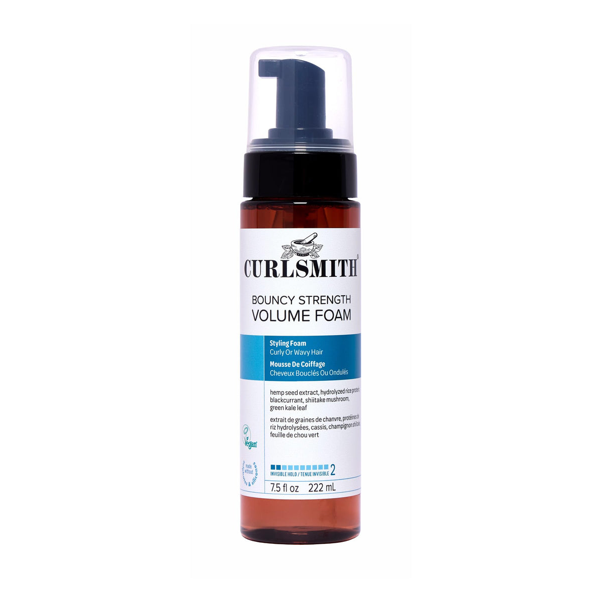 CurlSmith Bouncy Strength Volume Foam packaging offers airy lift for curls.