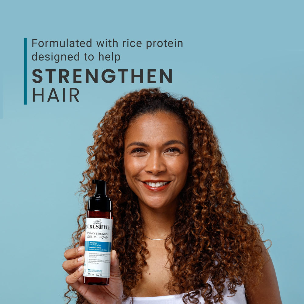 CurlSmith Bouncy Strength Volume Foam texture close-up shows lightweight feel.