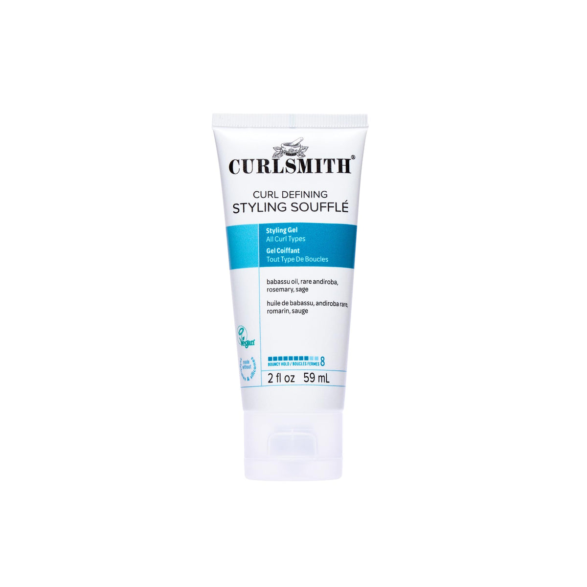 Curlsmith Curl Defining Soufflé bottle shows strong hold for defined curls.