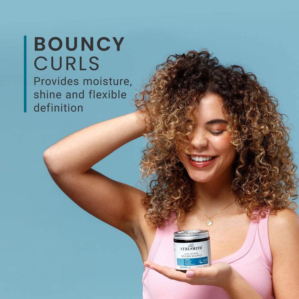 Curlsmith Curl Defining Soufflé on dry hair shows added shine and frizz control.