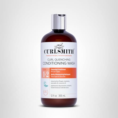 Curlsmith Curl Quenching Conditioning Wash on bathroom shelf ready for routine