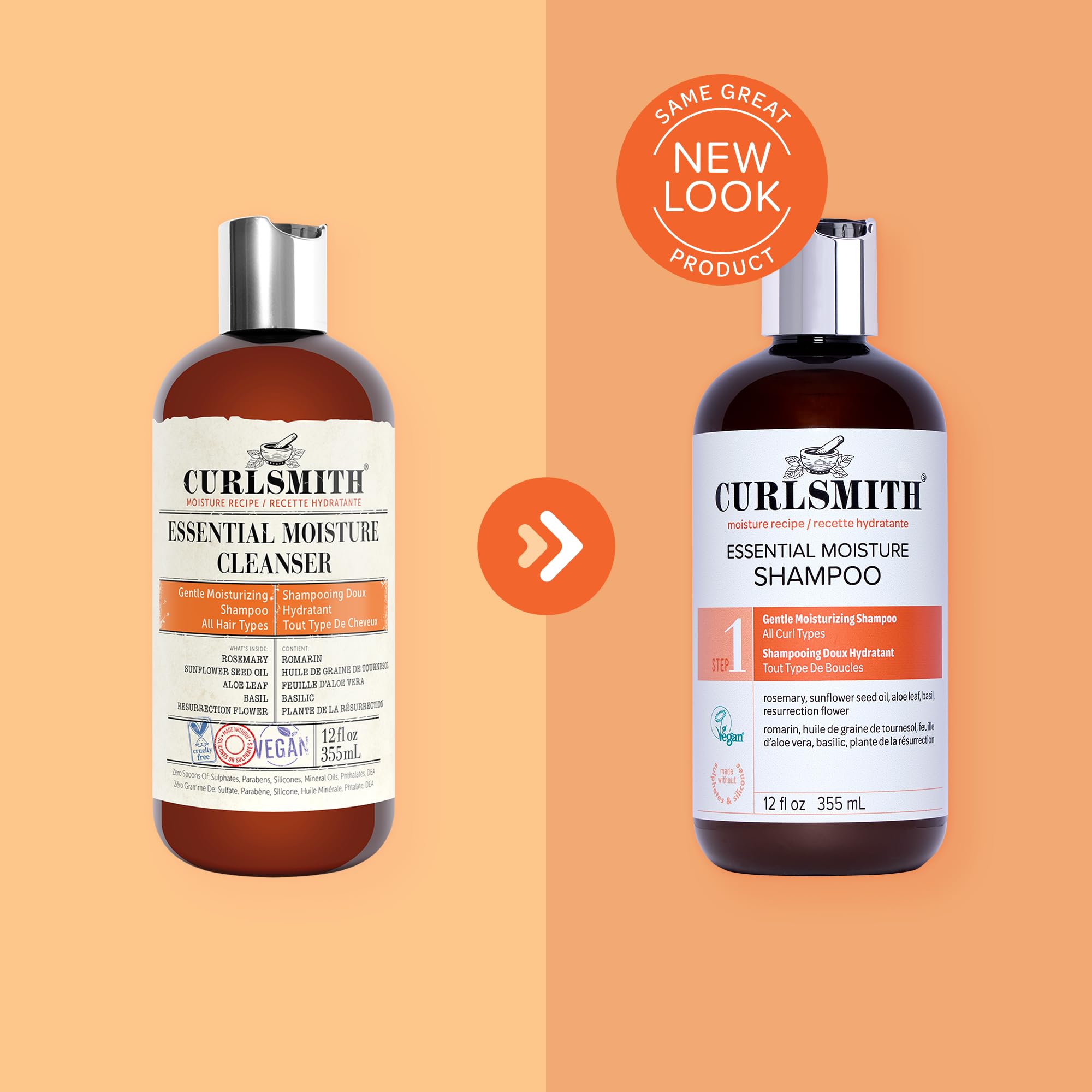 Curlsmith Essential Moisture Cleanser color-safe label showing gentle formula for vibrant curls.
