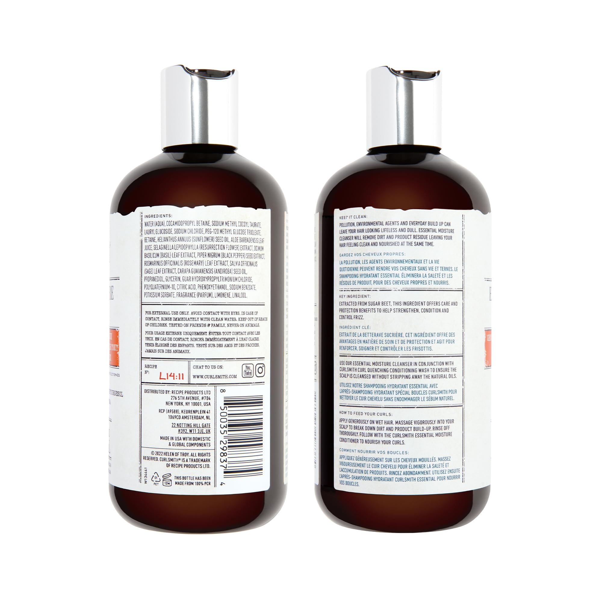 Curlsmith Essential Moisture Cleanser pump bottle in a bathroom setup.