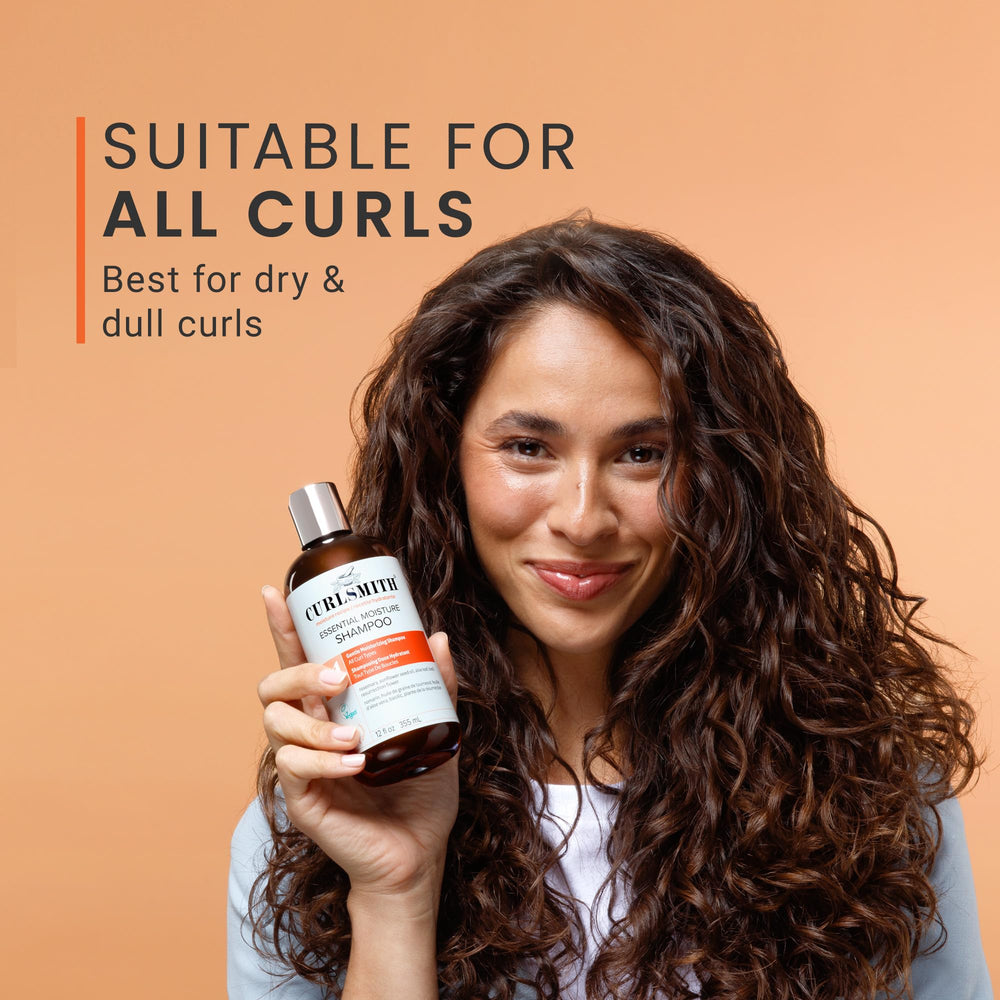 Curlsmith Essential Moisture Cleanser vegan certification logo visible.