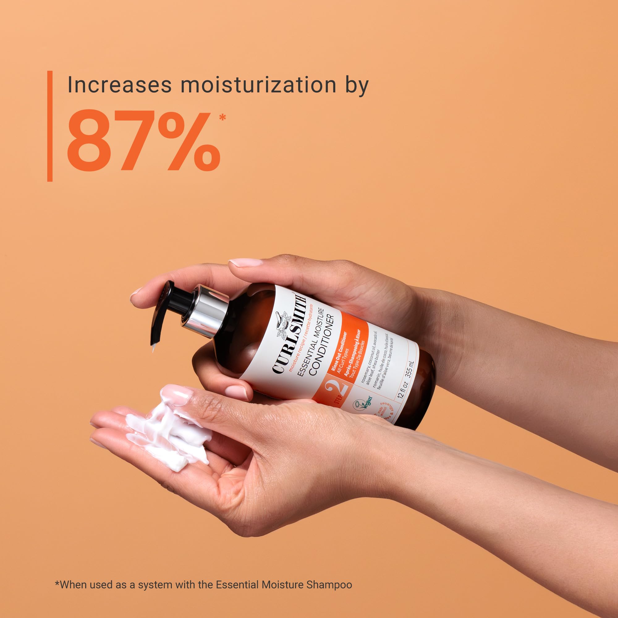 CurlSmith Essential Moisture Conditioner application on hair surface suggests nourished soft curls.