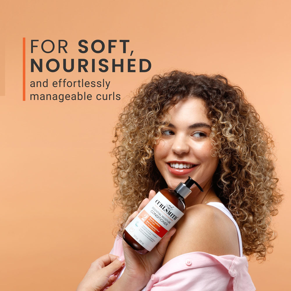 CurlSmith Essential Moisture Conditioner rinse-out moment showing healthy-looking curls.