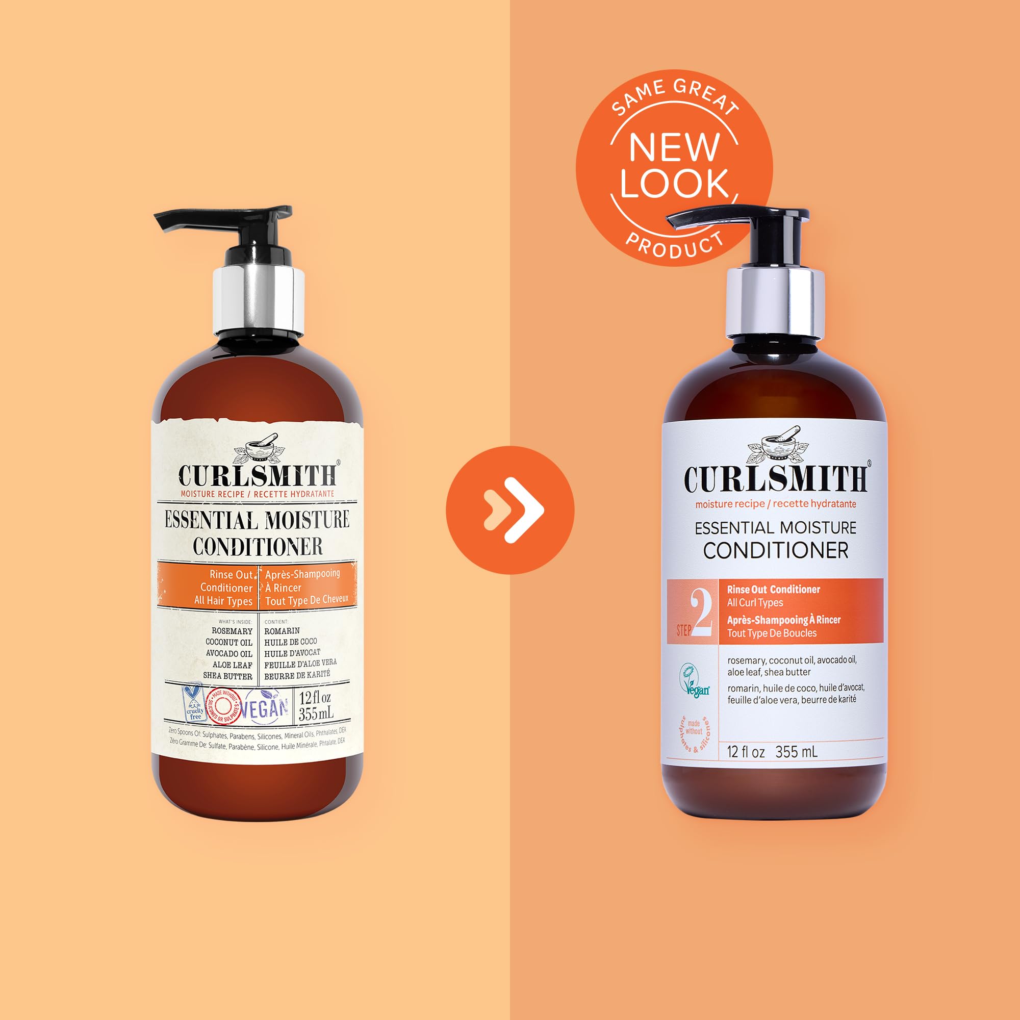 CurlSmith Essential Moisture Conditioner display with vegan and cruelty-free icons.