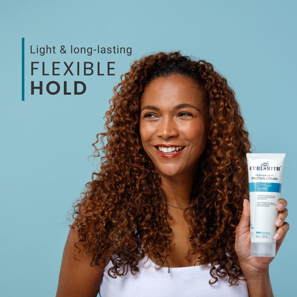 CurlSmith Feather Light Protein Cream application scene suggests layering with gel for extra hold.