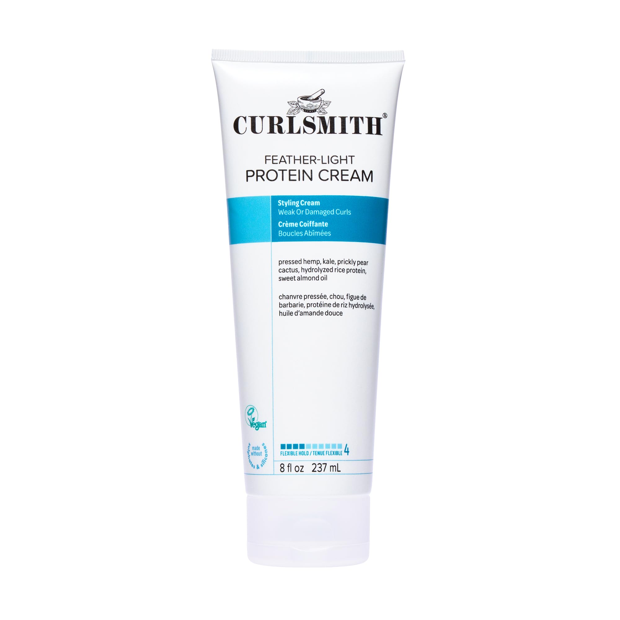 CurlSmith Feather Light Protein Cream bottle shows a lightweight hold for flexible curls.