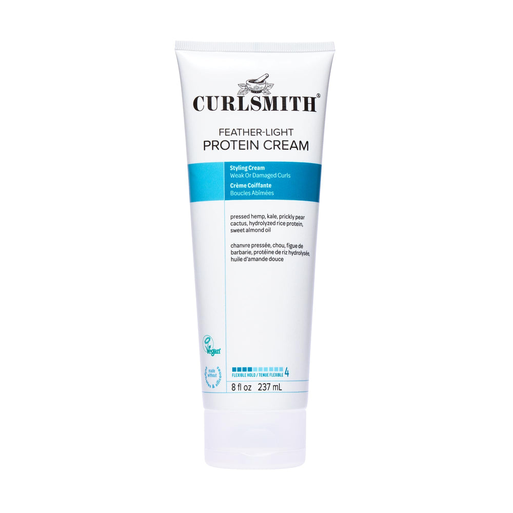 CurlSmith Feather Light Protein Cream bottle shows a lightweight hold for flexible curls.