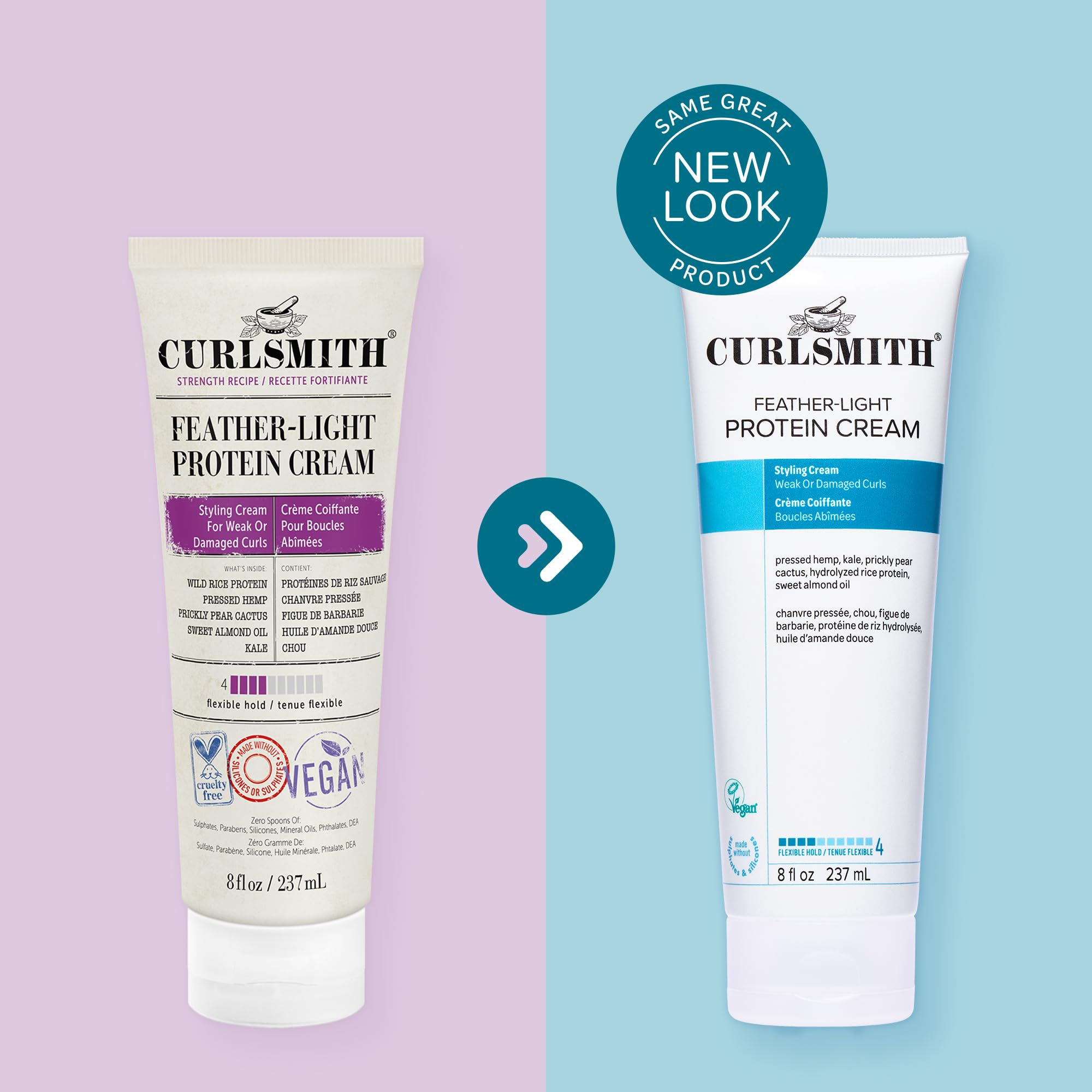 CurlSmith Feather Light Protein Cream hair detail highlights reinforced, elastic strands from hemp and rice proteins.