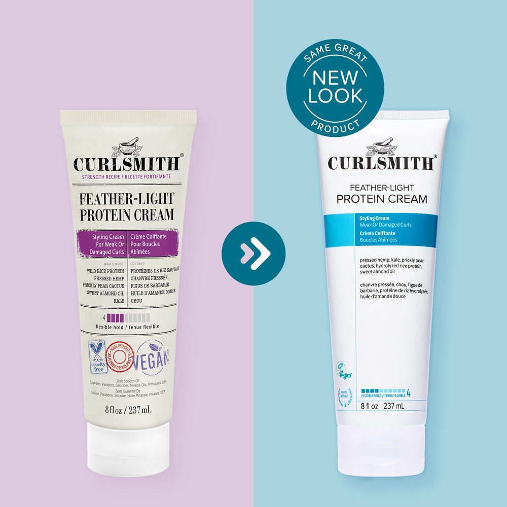 CurlSmith Feather Light Protein Cream hair detail highlights reinforced, elastic strands from hemp and rice proteins.