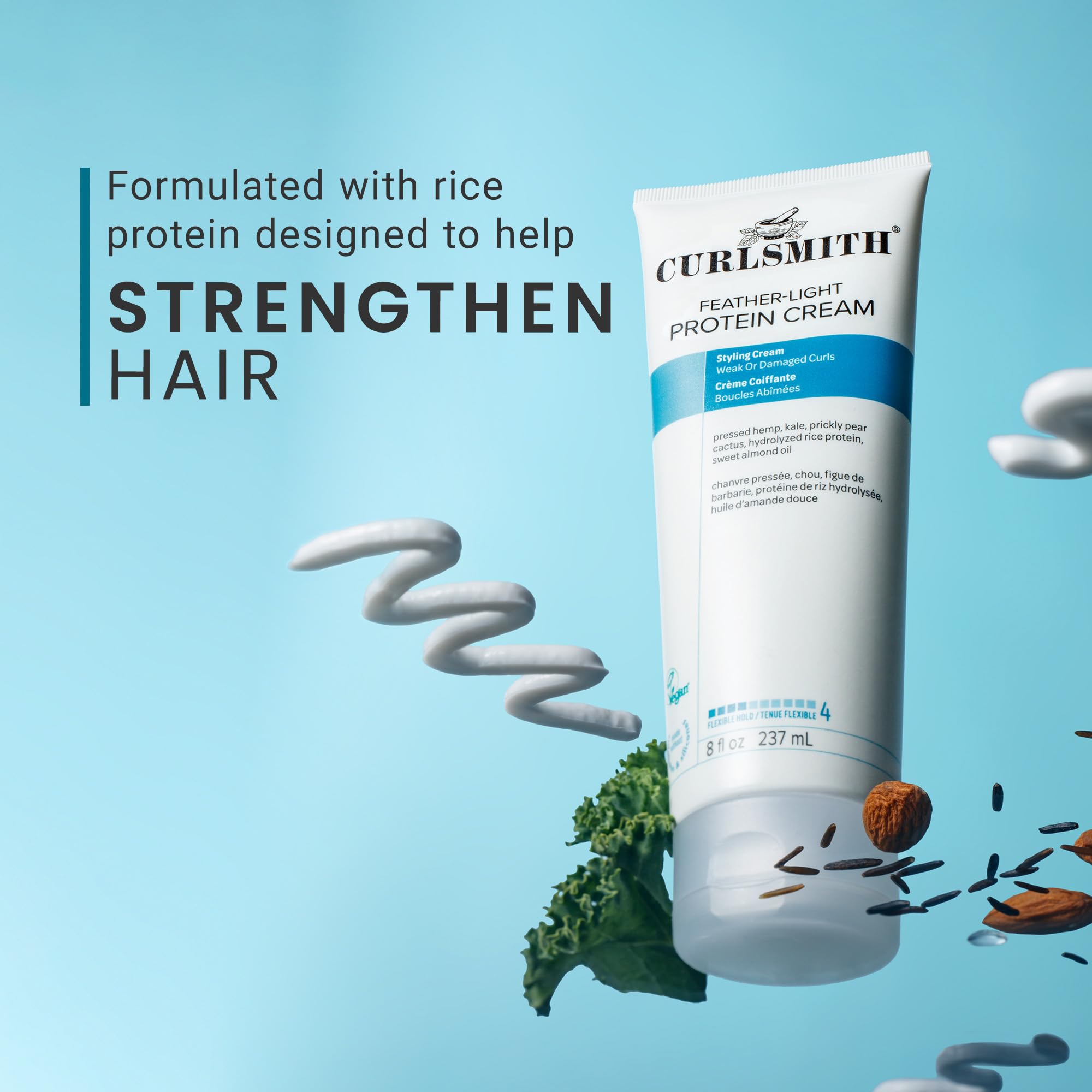 CurlSmith Feather Light Protein Cream ingredients hemp rice collage emphasizes protein-rich care.