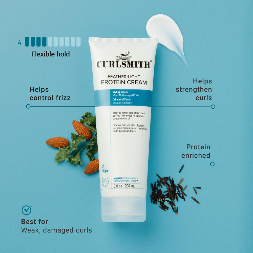 CurlSmith Feather Light Protein Cream texture closeup reveals creamy, crunch-free finish.