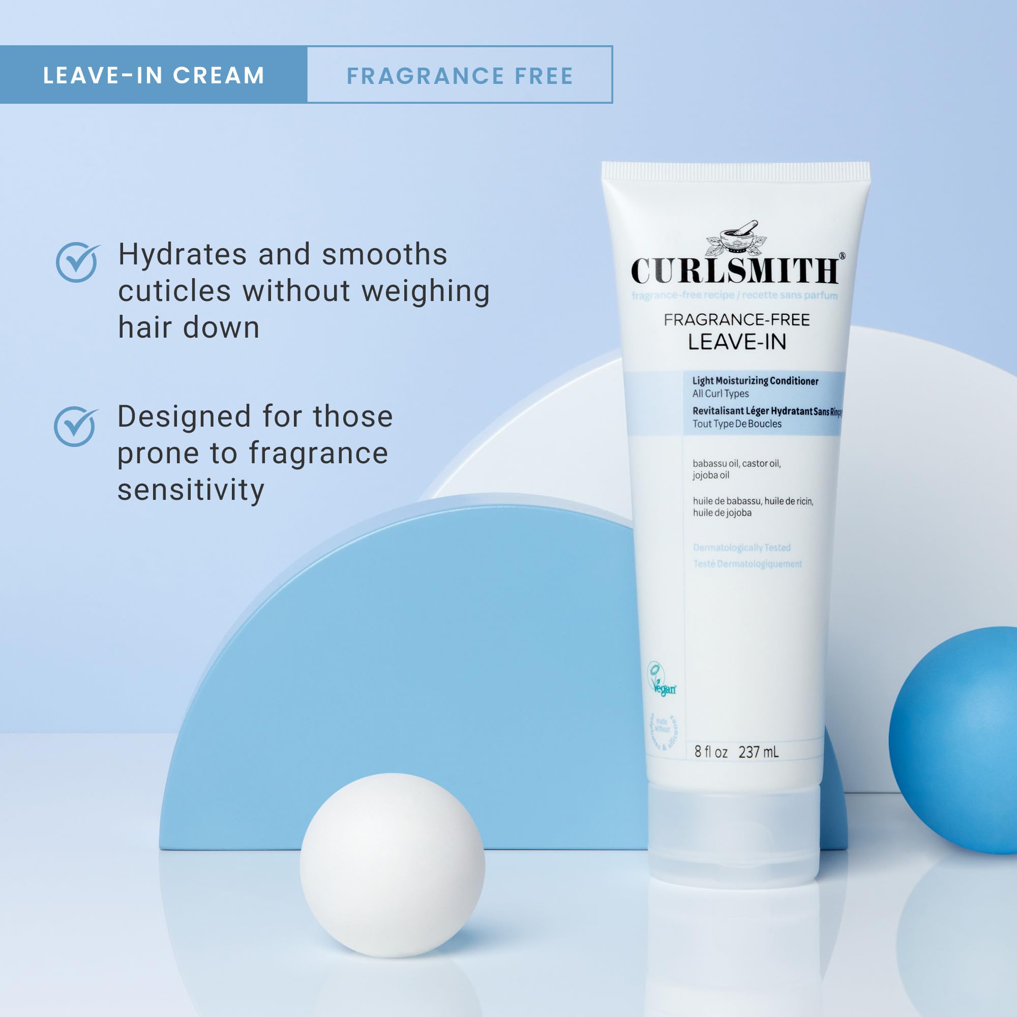 CurlSmith fragrance-free leave-in on damp hair reveals defined, weightless curls