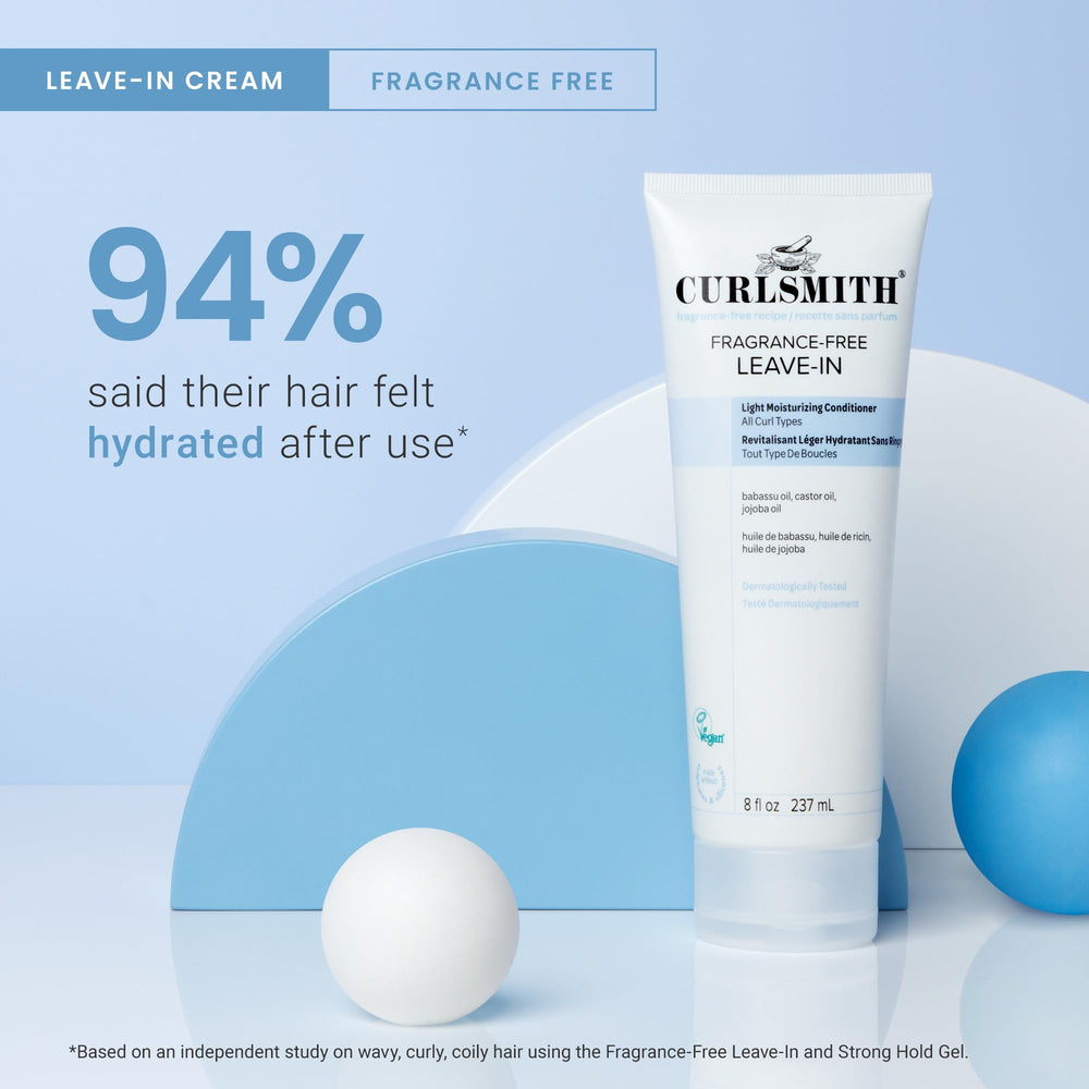 CurlSmith fragrance-free leave-in label closeup shows 0% fragrance claim