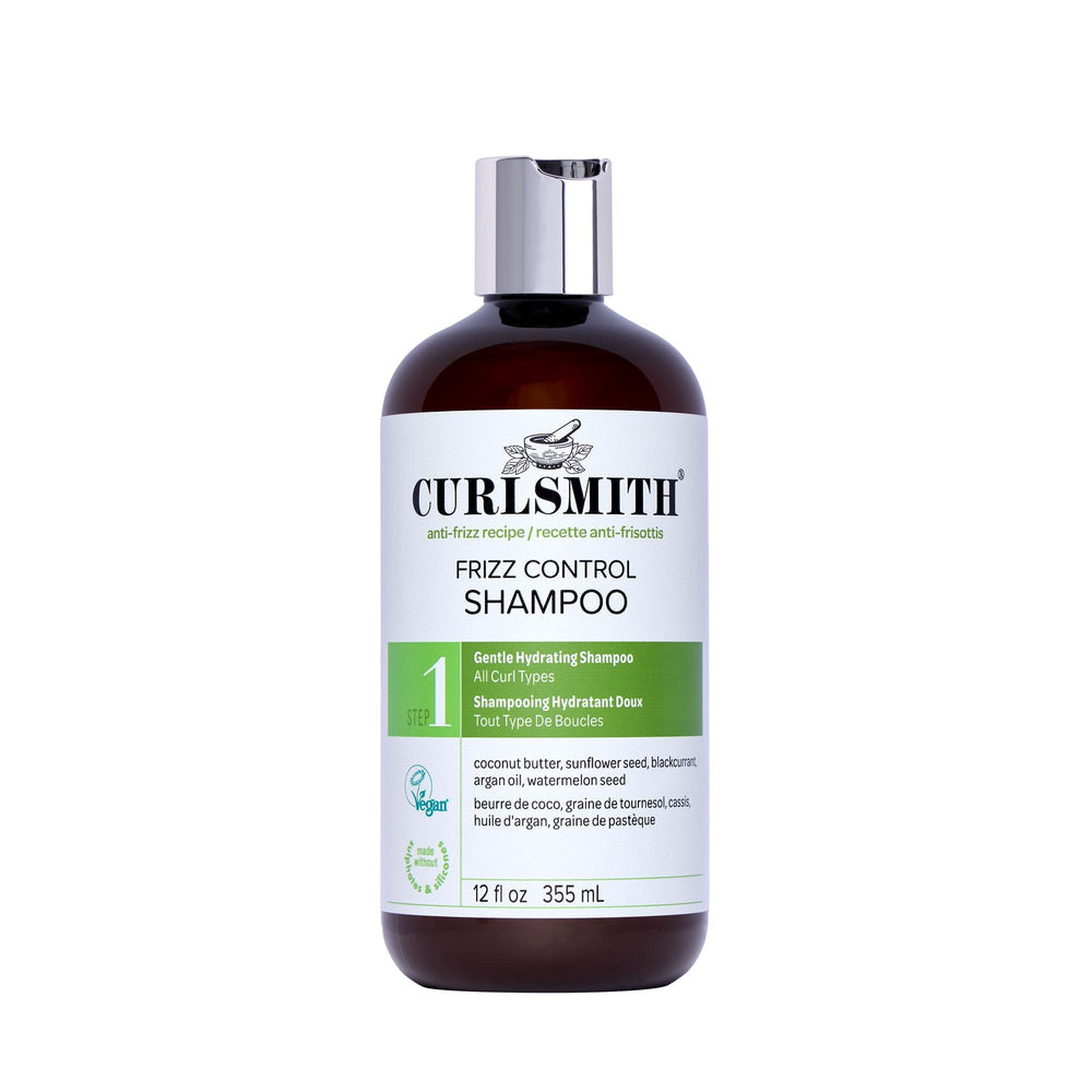 CURLSMITH Frizz Control Shampoo bottle demonstrating frizz prevention for curls