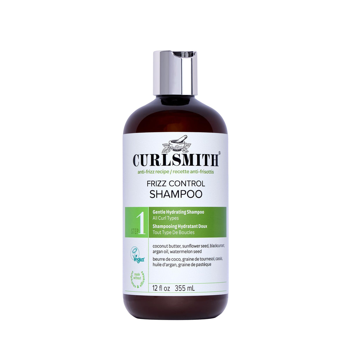CURLSMITH Frizz Control Shampoo bottle demonstrating frizz prevention for curls