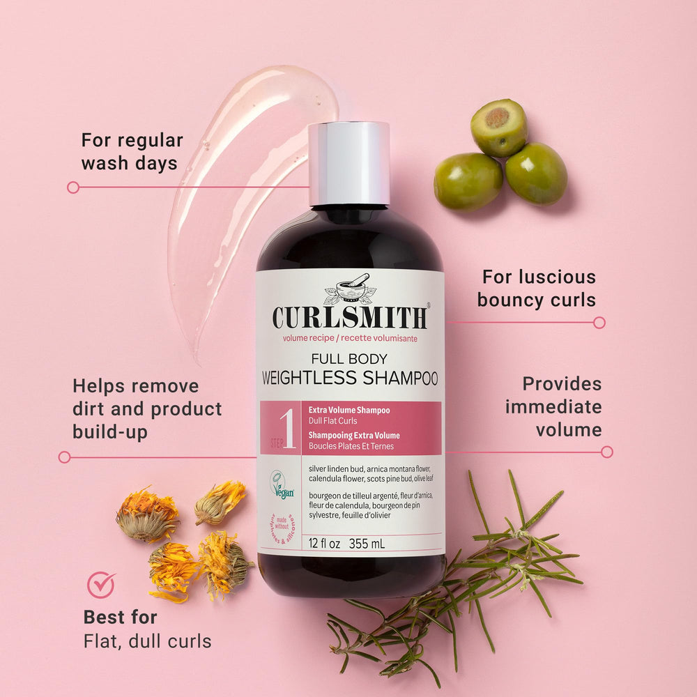 CURLSMITH Full Body Weightless Shampoo foamy-lather demonstrates gentle cleansing for all curl types