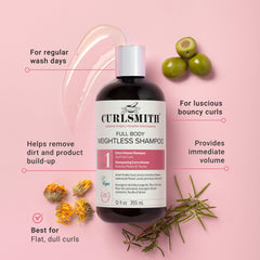 CURLSMITH Full Body Weightless Shampoo foamy-lather demonstrates gentle cleansing for all curl types