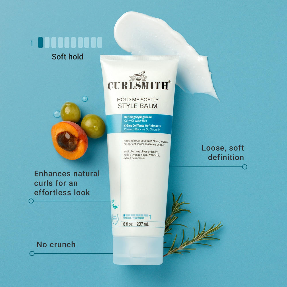 Close-up of CURLSMITH Hold Me Softly Balm packaging for easy daily styling