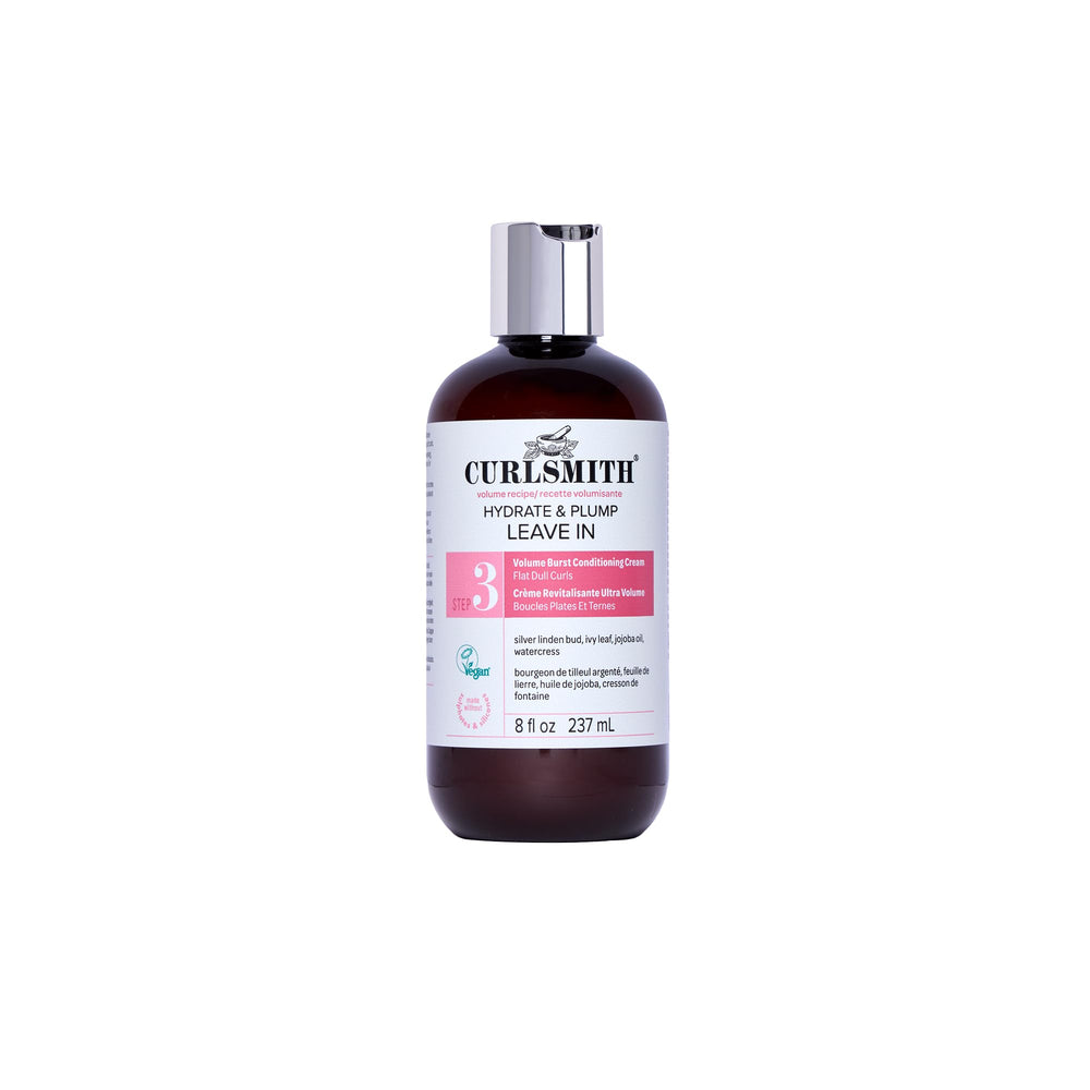 CURLSMITH Hydrate & Plump bottle being poured for lightweight moisture and quick styling.