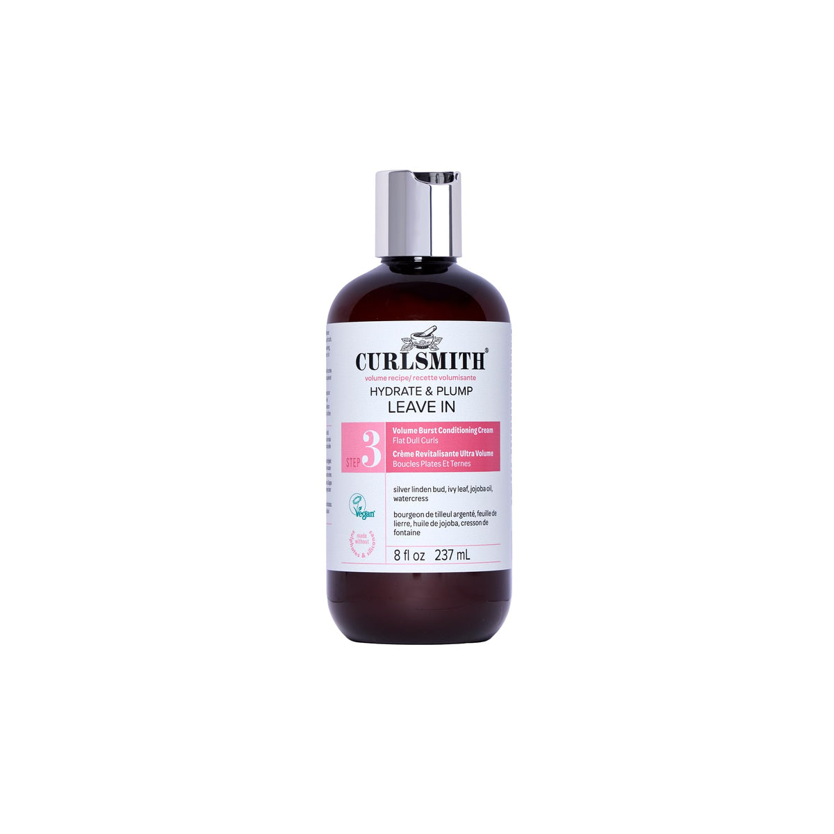 CURLSMITH Hydrate & Plump bottle being poured for lightweight moisture and quick styling.
