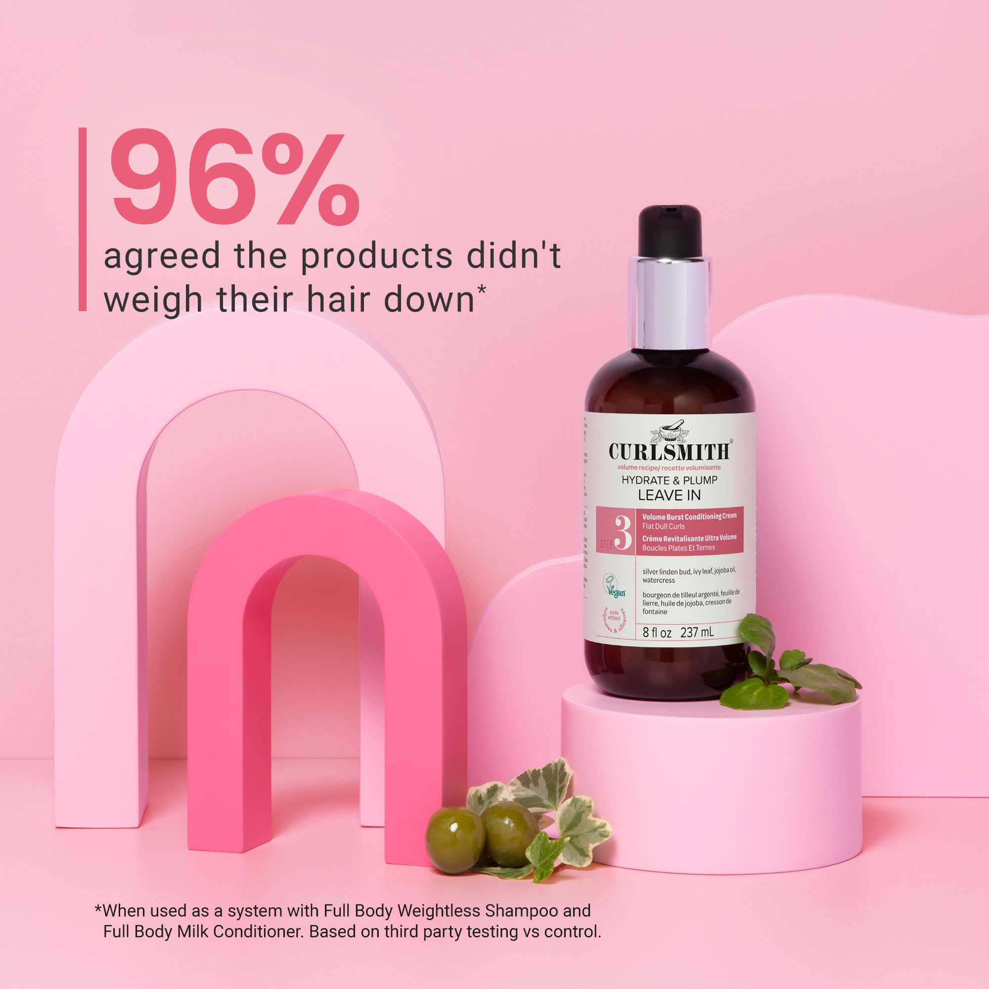 CURLSMITH Hydrate & Plump ivy leaf and jojoba oil ingredients close-up.