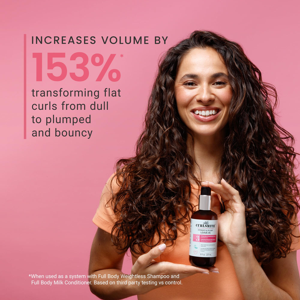 CURLSMITH Hydrate & Plump plant-based stem cell complex graphic highlighting cortex nourishment.
