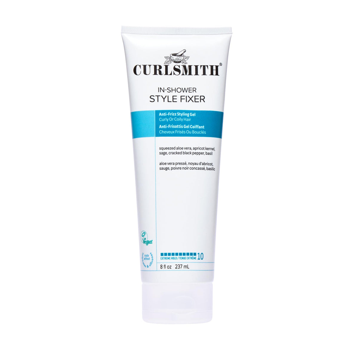 Curlsmith In-Shower Style Fixer bottle pour showing extreme hold for lasting curls.