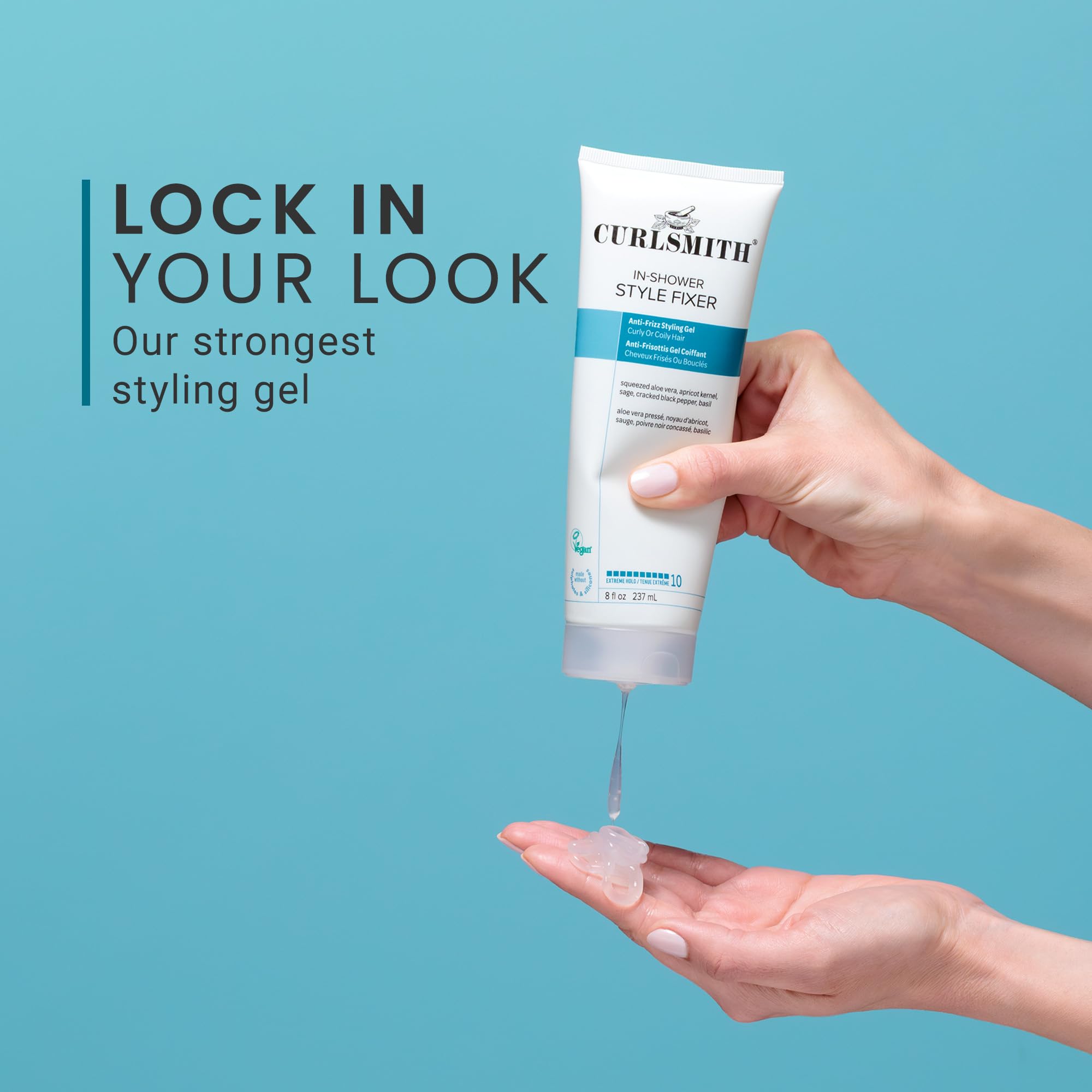 Curlsmith In-Shower Style Fixer adds shine to soft, defined curls.
