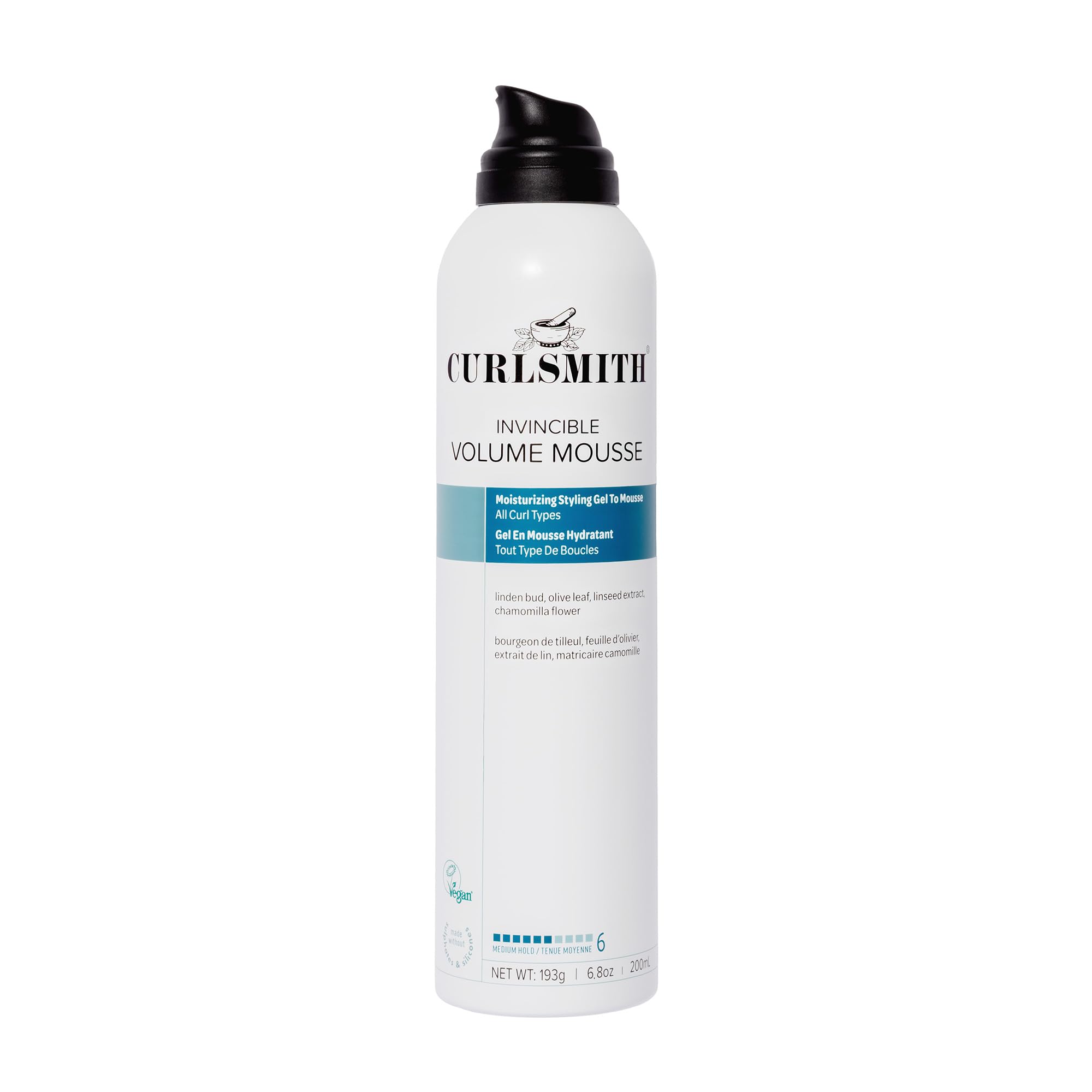 CurlSmith Invincible Volume Mousse bottle with alcohol-free lift for curls.
