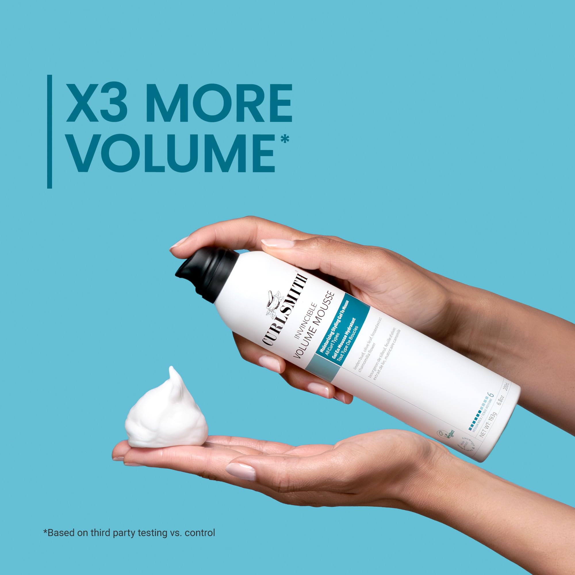 CurlSmith Invincible Volume Mousse swatch highlights color-safe vegan formula.
