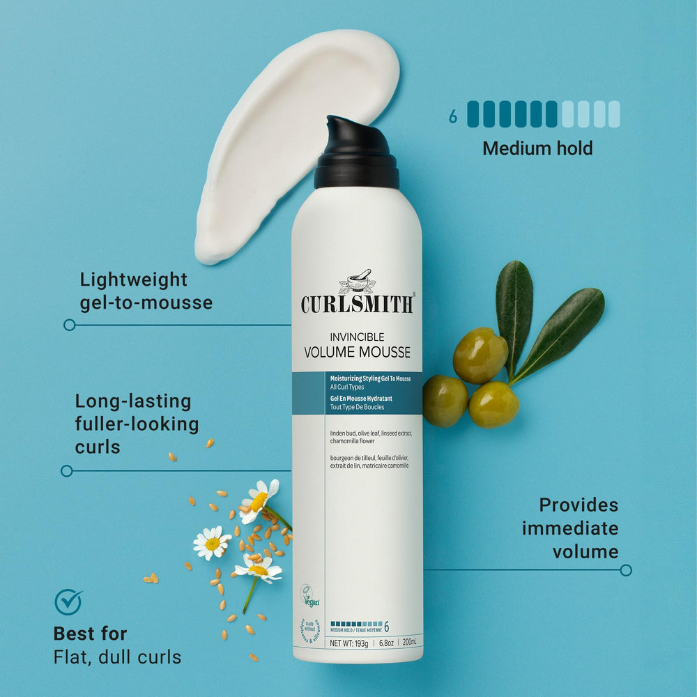 Texture close-up of CurlSmith Invincible Volume Mousse showing whipped, lightweight foam.
