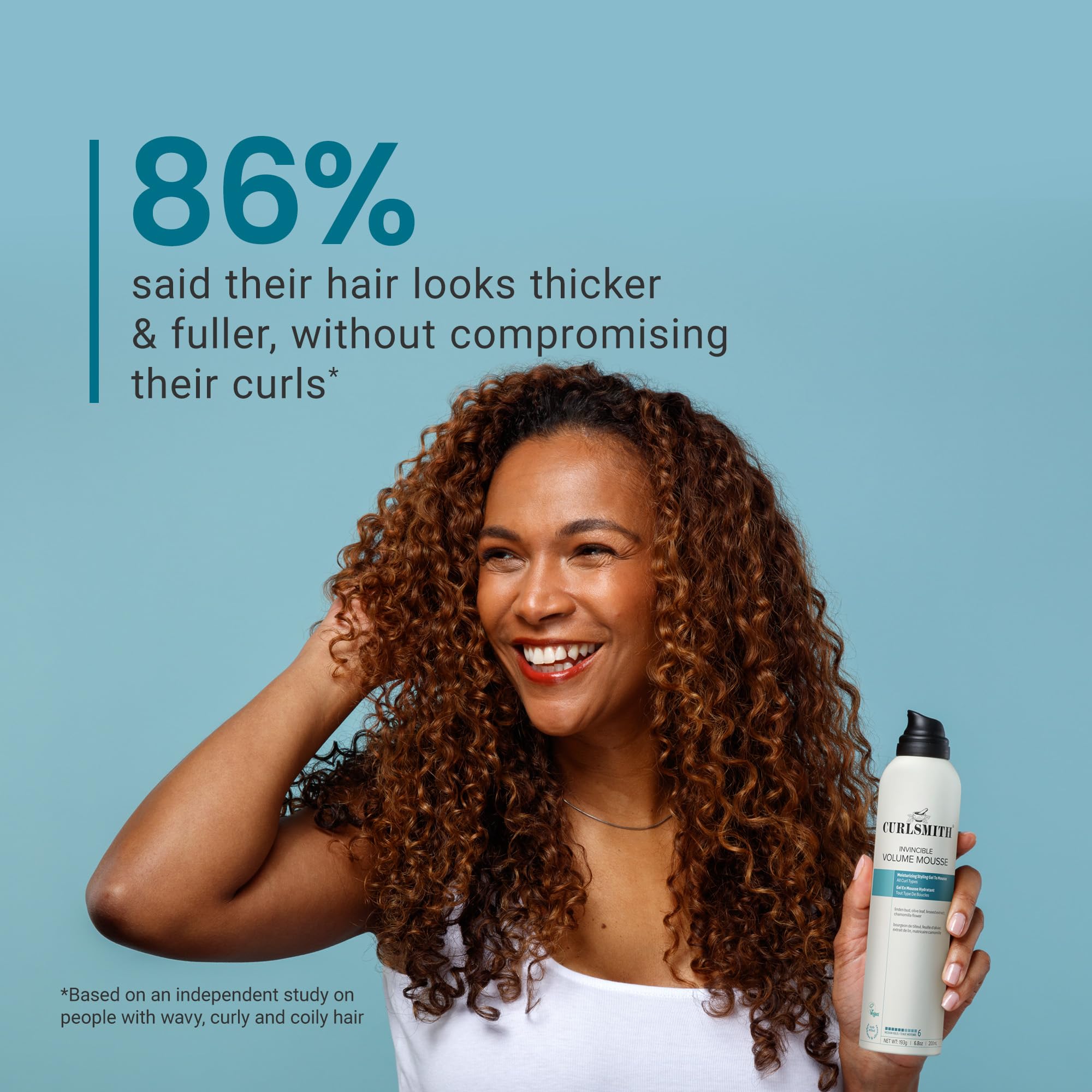 CurlSmith Invincible Volume Mousse vegan symbol on packaging.