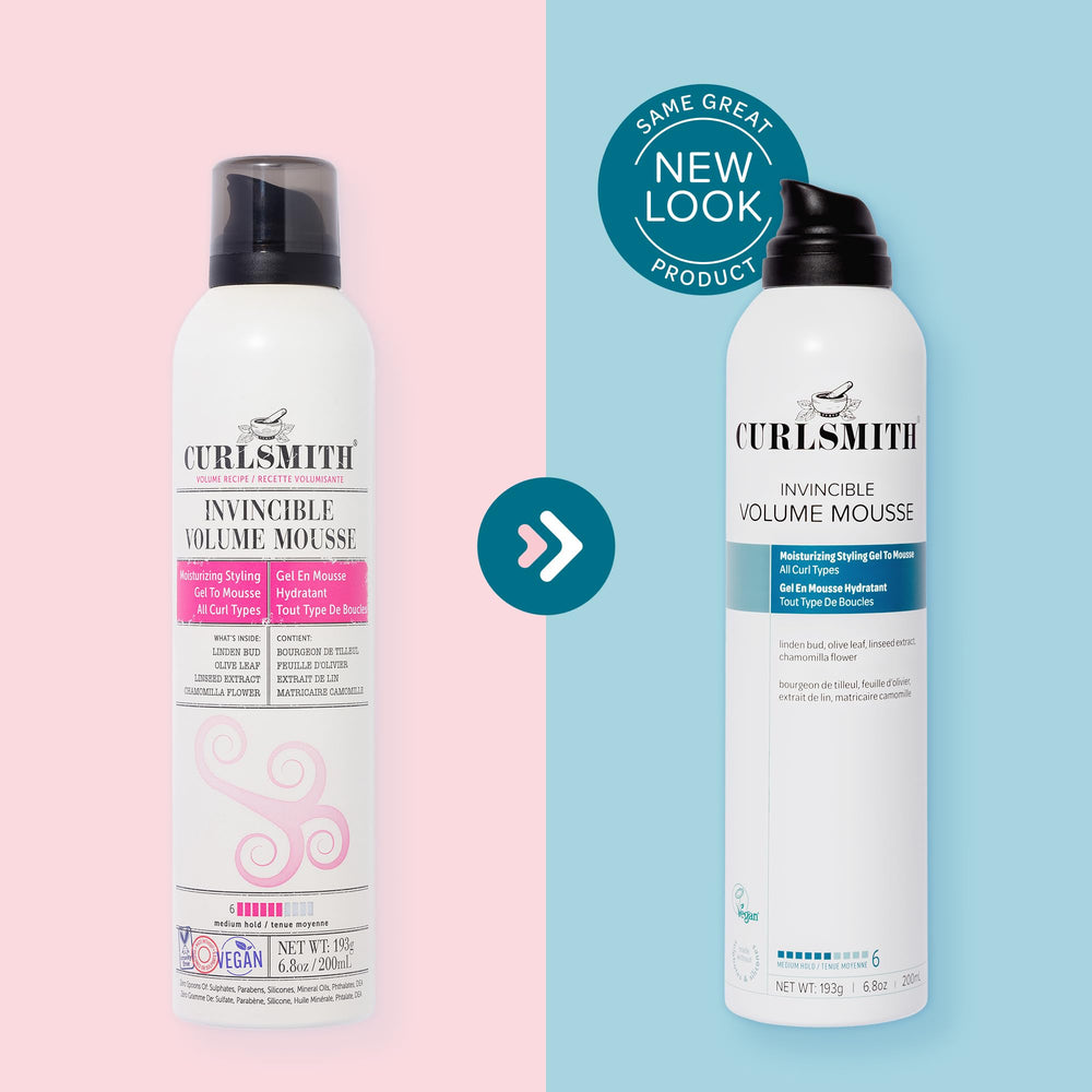 CurlSmith Invincible Volume Mousse on voluminous curls with lasting fullness.