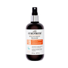 CurlSmith Moisture Memory Release bottle pour showing long-lasting hydration for fine curls.