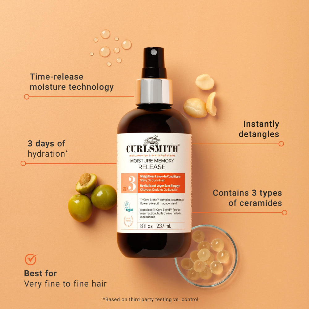 CurlSmith leave-in spray application close-up highlights lightweight detangling for curls.