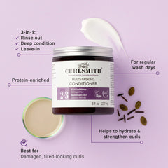 Side view of bottle highlighting lightweight, protein-rich conditioner for detangling.